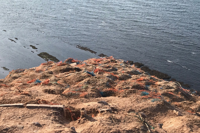 Seevögel haben Reste von Fischernetzen aus Kunststoff auf den Felsen von Helgoland deponiert