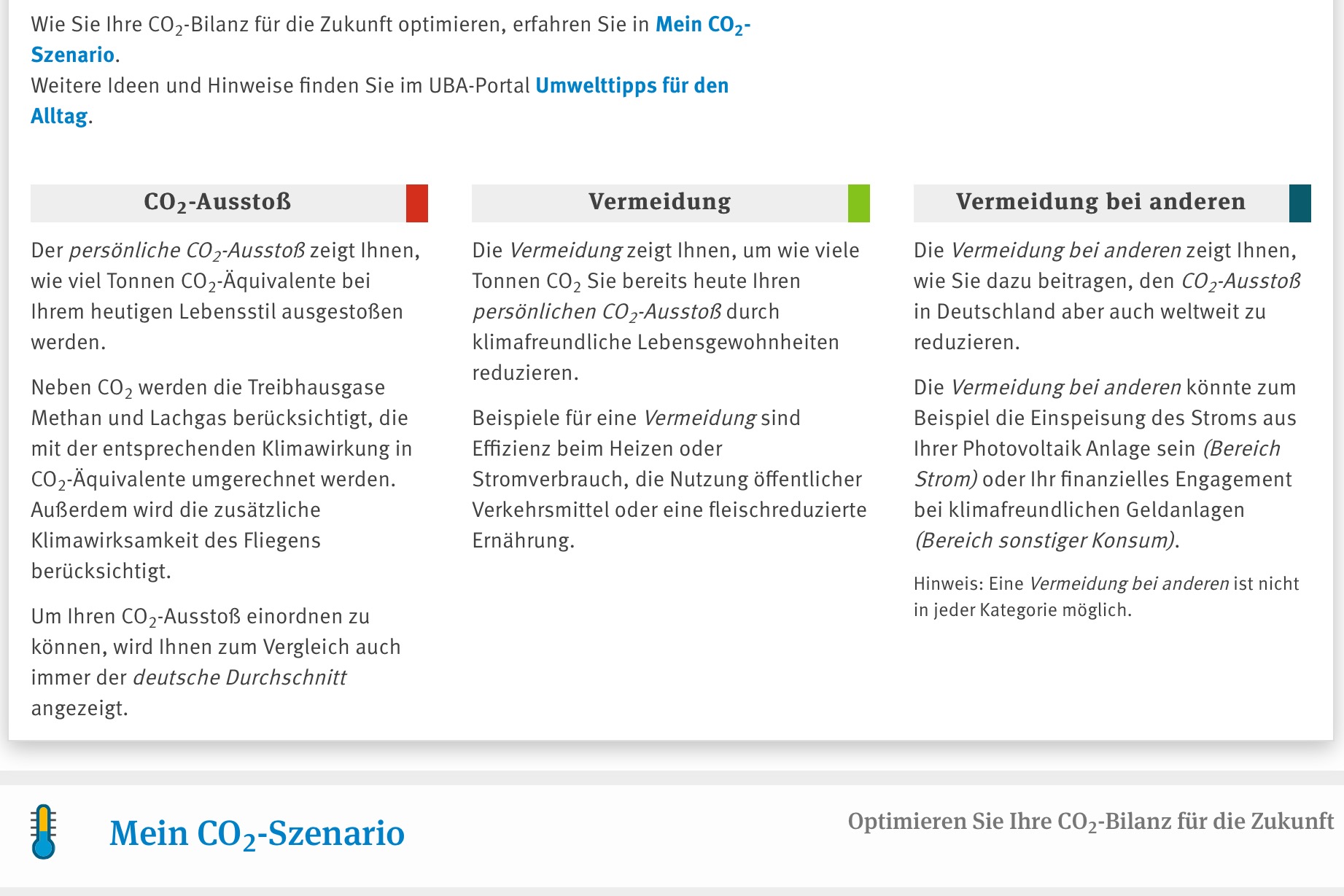 Erläuterung zu den drei Werten CO2-Ausstoß, Vermeidung und Vermeidung bei anderen