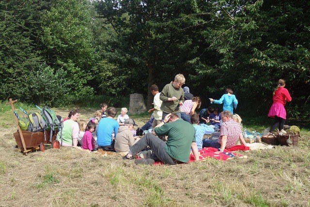 Viele Kinder und Erwachsene picknicken auf der Wiese vor dem Lionswaldstein