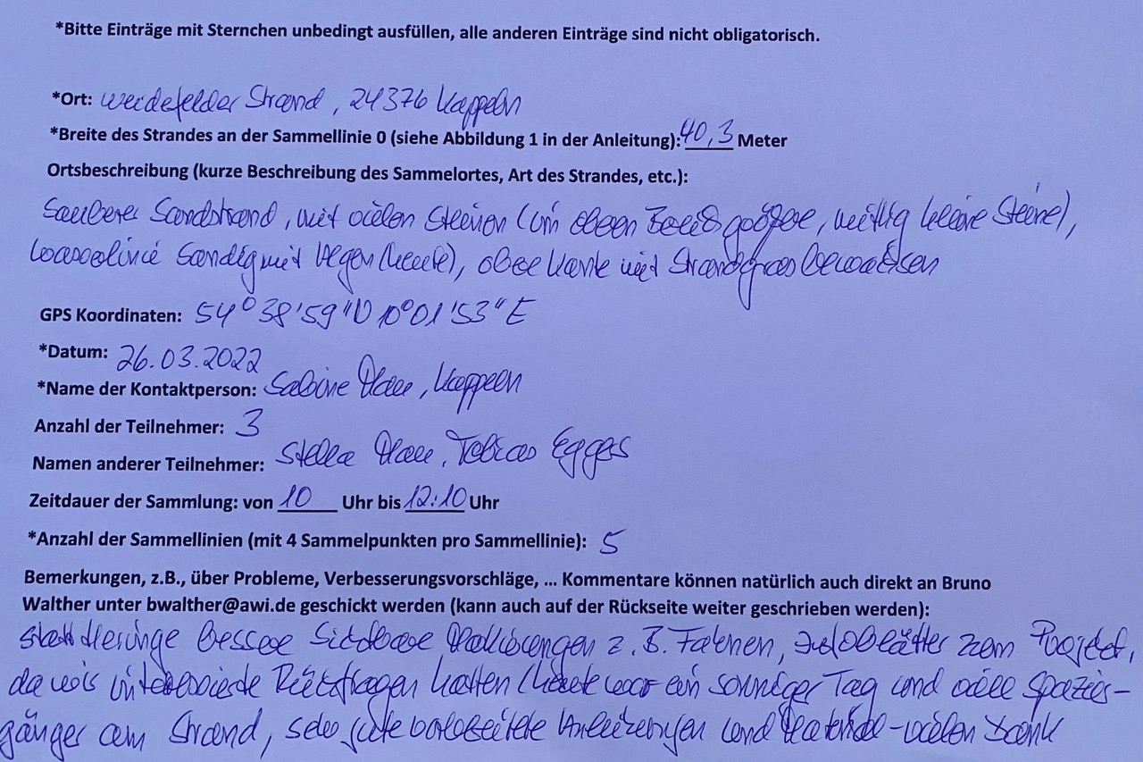 Breite des Strandes, Ortsbeschreibung, GPS-Koordinaten, Datum, Name der Kontaktperson, Anzahl und Name der Teilnehmenden, Zeitdauer