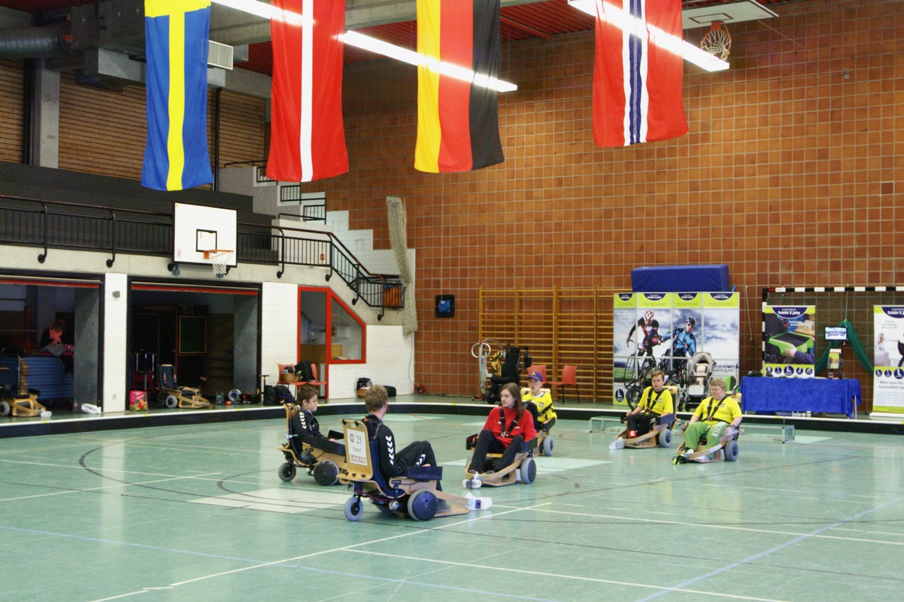 Mehrere Sportler sind mit ihren EL-Hockey-Wagen auf dem Spielfeld. Darüber hängen die Flaggen der teilnehmenden Nationen: Schweden, Dänemark, Deutschland und Norwegen